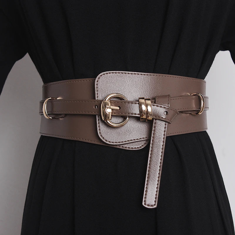 Dark khaki beige genuine leather corset belt with gold buckle, front overlay, and T-tab