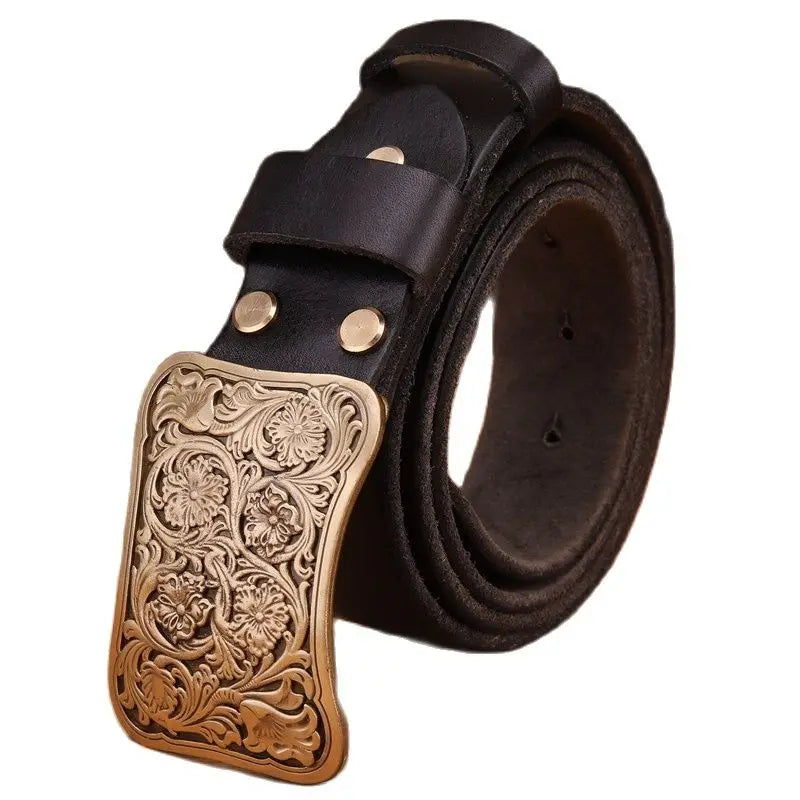 Luxury Brass Flower Buckle Leather Belt