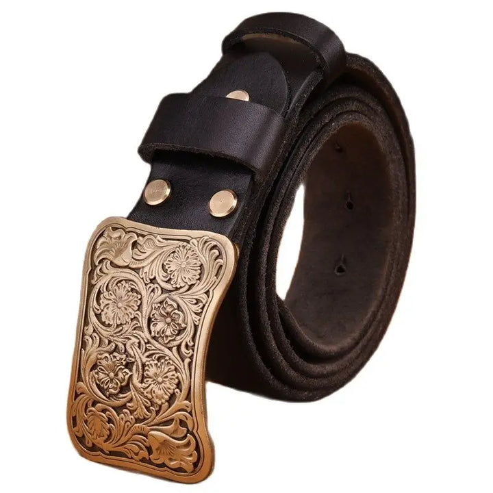 Luxury Brass Flower Buckle Leather Belt