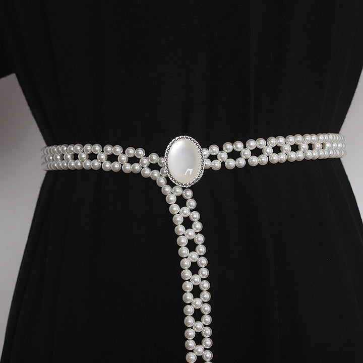 Pearl knitted waist belt with silver-tone round buckle and hanging pearl fringe