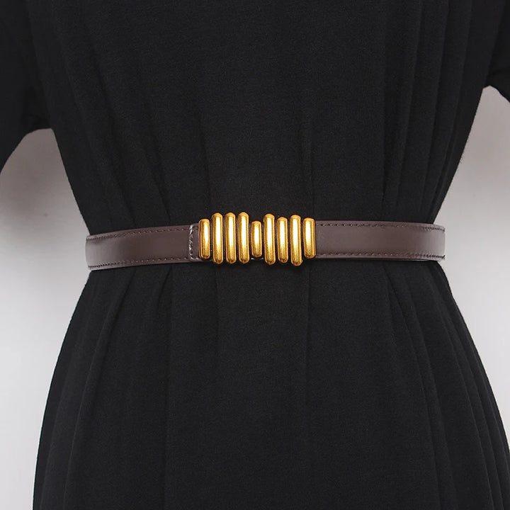 Women’s wide genuine leather belt, dark taupe strap with gold ribbed buckle