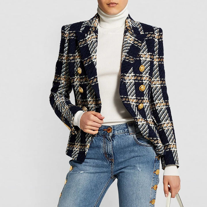 Double Breasted Plaid Tweed Blazer