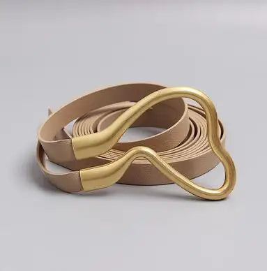 Light brown genuine leather wide belt for women with gold-tone buckle