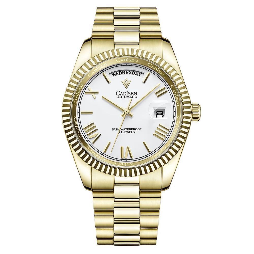 Gold-tone men’s automatic wrist watch with white dial and metal link bracelet