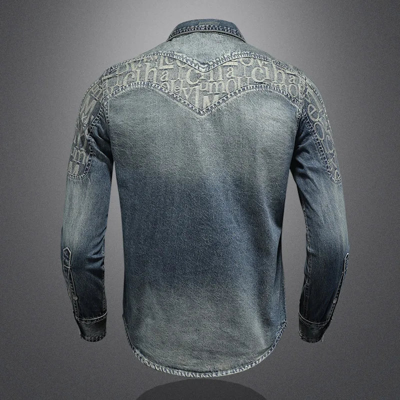 Men's blue denim casual shirt back view, yoke stitching at shoulders, long sleeves.