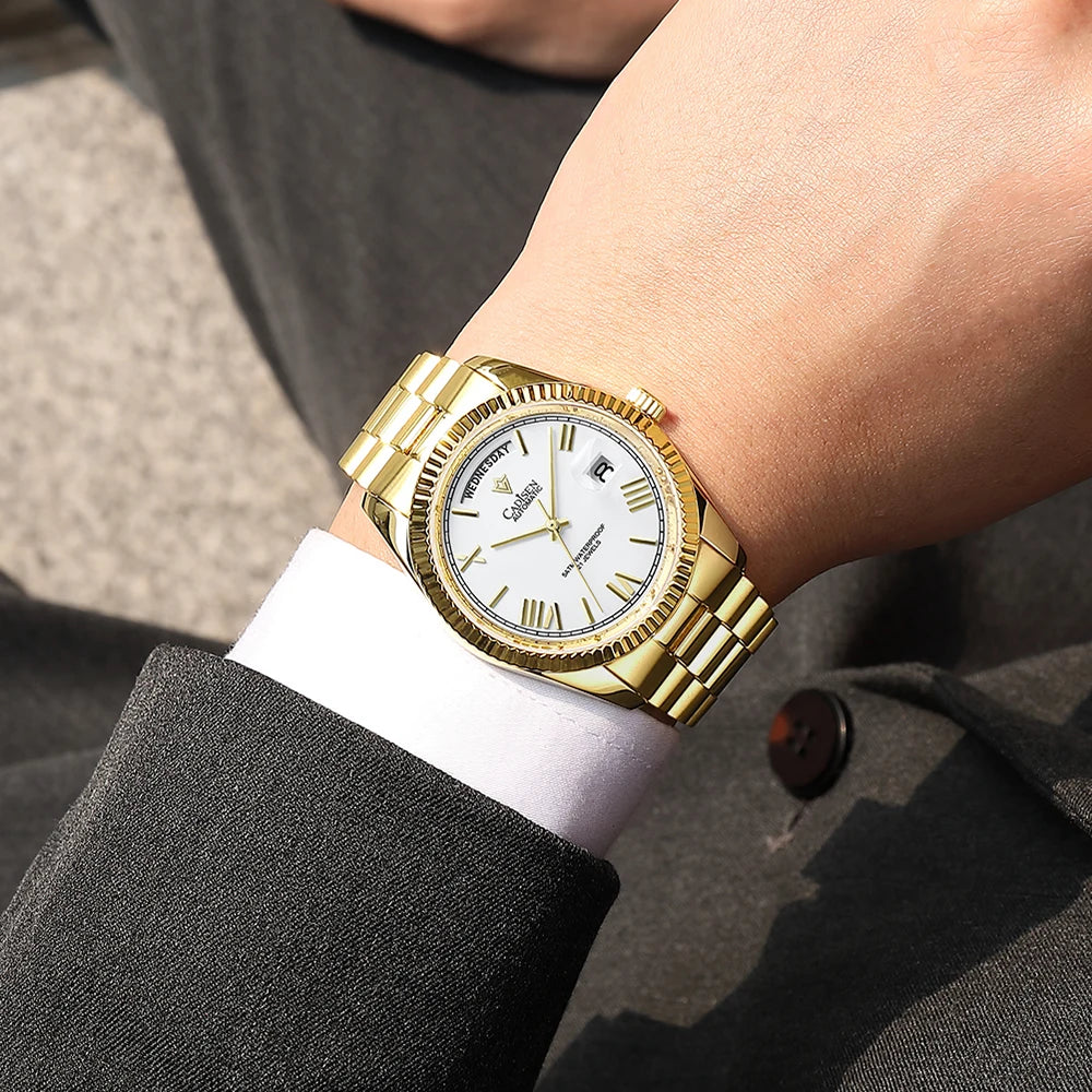 Gold-tone men’s automatic wrist watch with white dial on wrist and metal bracelet