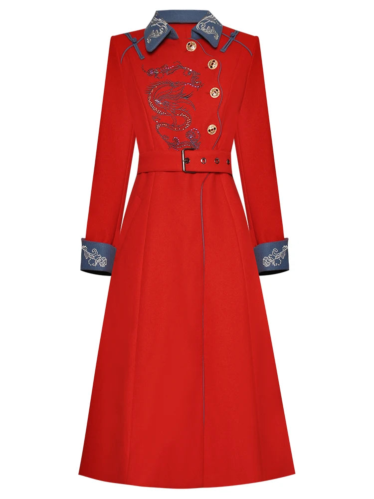 Chic Embroidery Belted Wool Coat