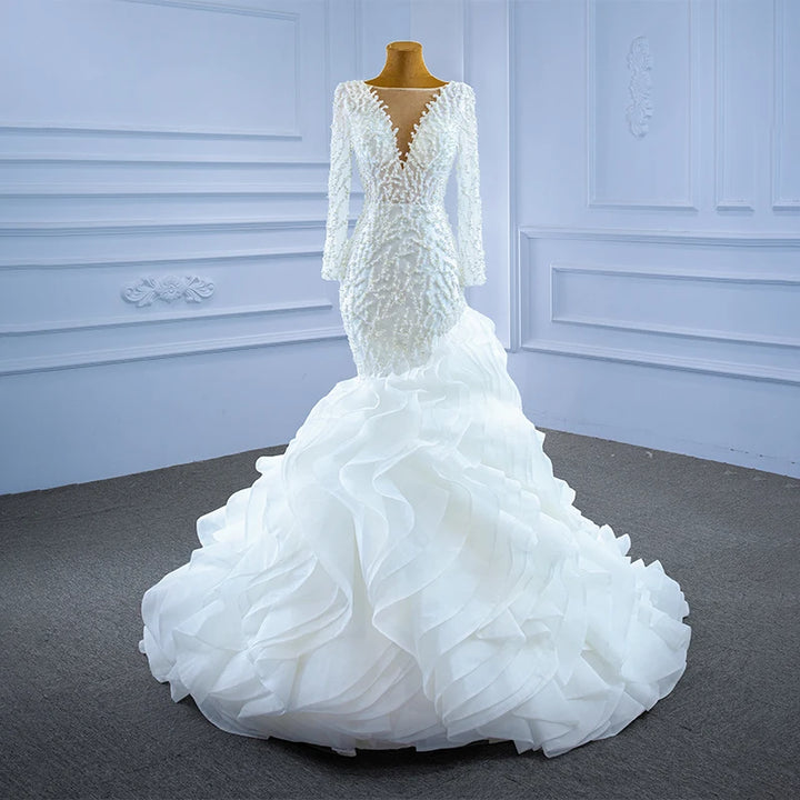 Deep V Neck Ruffle Train Bridal Dress
