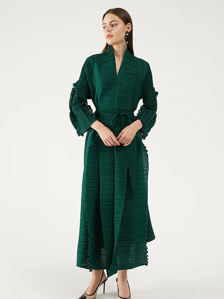 Pleated Sleeve Lapel Cardigan Dress