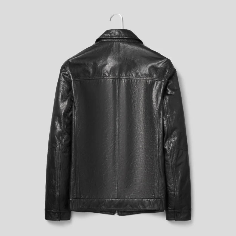 Real Black Leather Casual Pockets Jacket