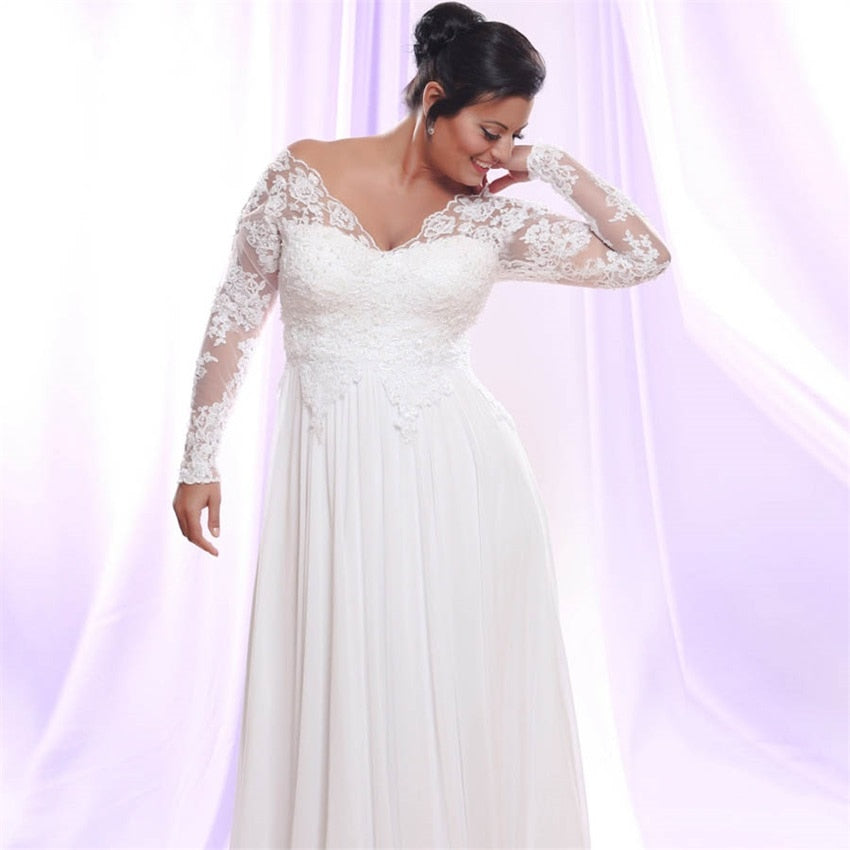 Deep V-neck Applique Plus Size Women's Wedding Gown| All For Me Today