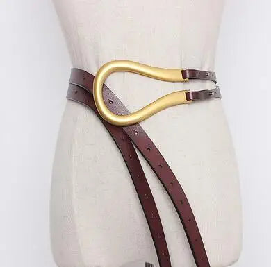 Women’s wide leather belt with gold oval buckle, dark red-brown straps and wide band
