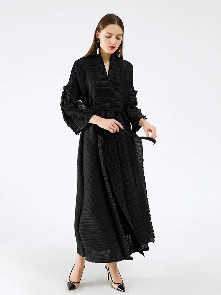 Pleated Sleeve Lapel Cardigan Dress