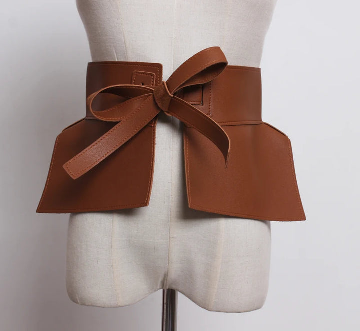 Wide PU leather waist belt, camel brown with bow and ribbon tails