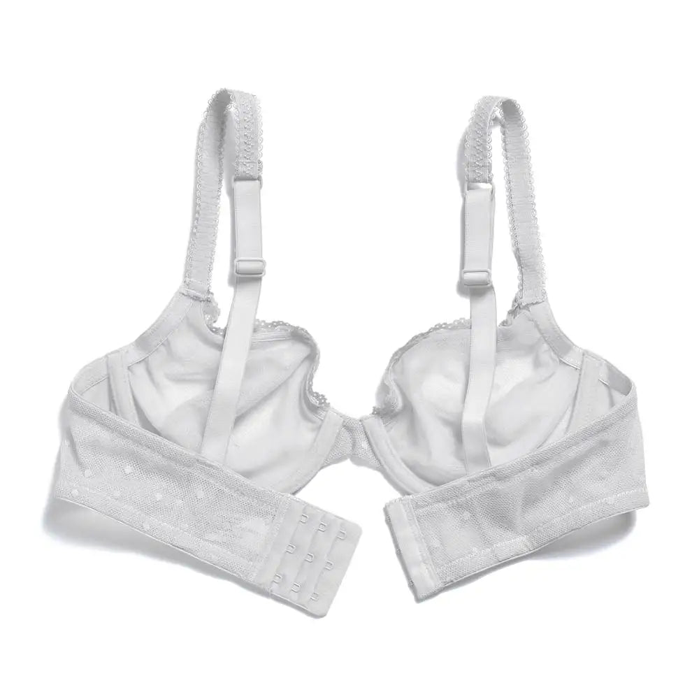 White transparent lace dot mesh underwire bra with front closure and adjustable straps