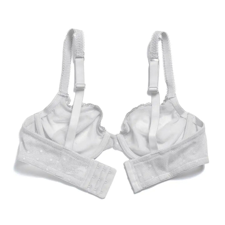 White transparent lace dot mesh underwire bra with front closure and adjustable straps