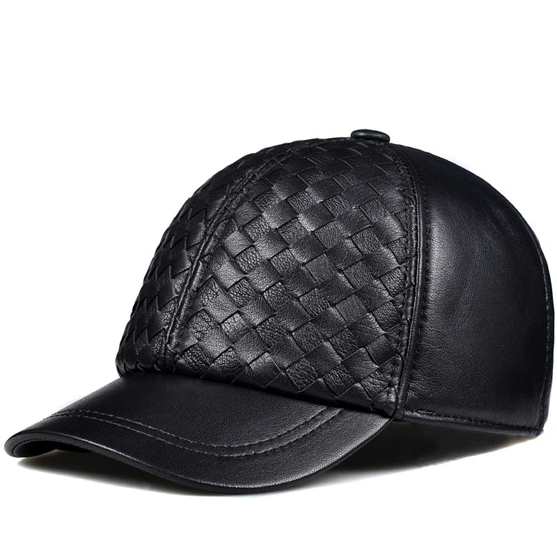 Black leather baseball cap with woven basketweave front panel and curved brim