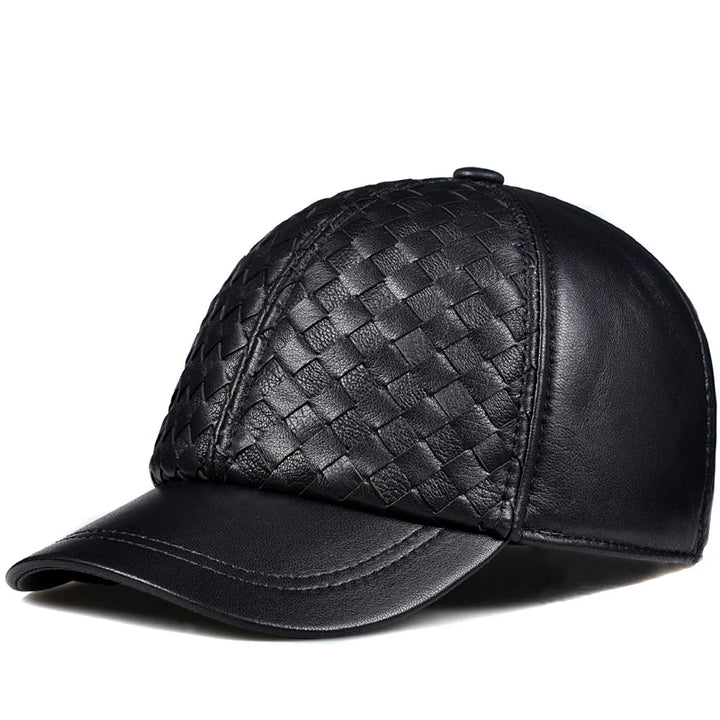 Black leather baseball cap with woven basketweave front panel and curved brim