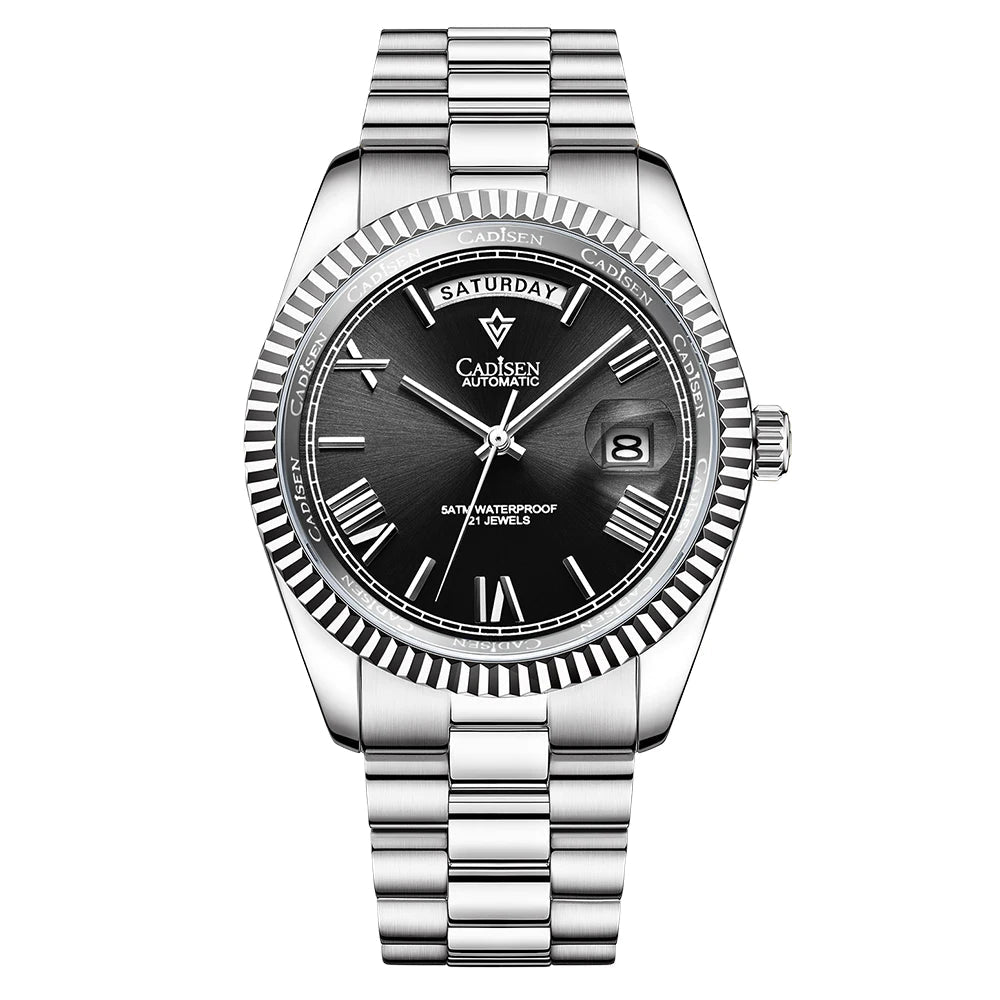 Silver-tone men’s automatic wrist watch with black dial and metal link bracelet