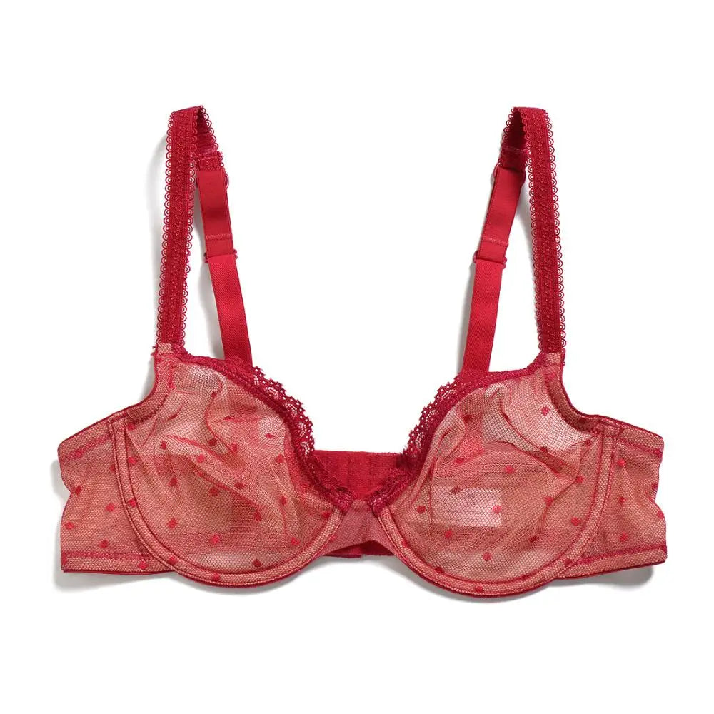 Red transparent lace dot mesh underwire bra with thin straps and lace scalloped trim