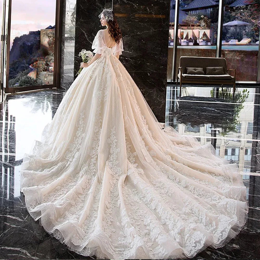 Gorgeous Lace Half Sleeve Bridal Ball Gown