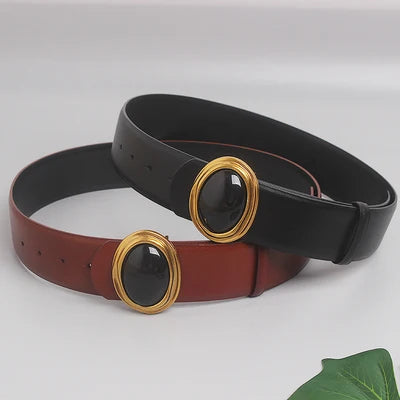 Double-sided wide leather belt, black &amp; brown, oval gold buckle