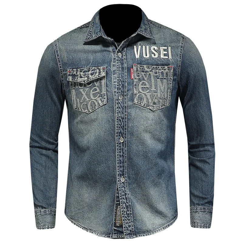 Men's blue denim casual shirt with button front and embroidered chest pockets