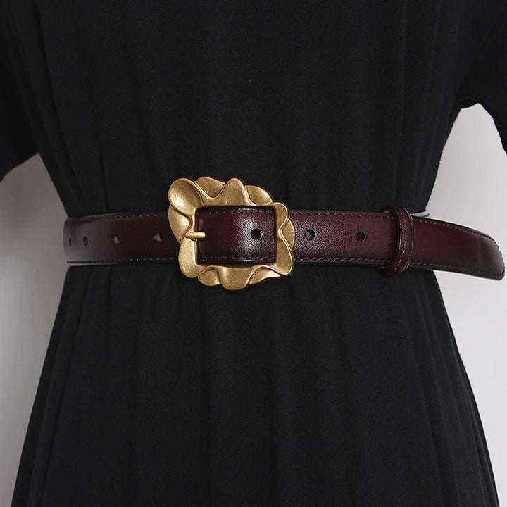 Dark brown leather narrow waist belt with gold-tone floral square buckle and pin closure