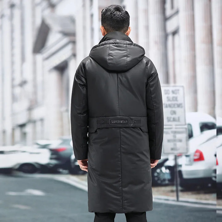 Elegant White Duck Down Real Leather Hooded Jacket