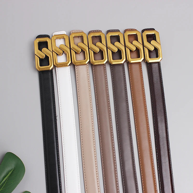 Set of genuine leather women’s belts with gold-tone buckles in mixed colors