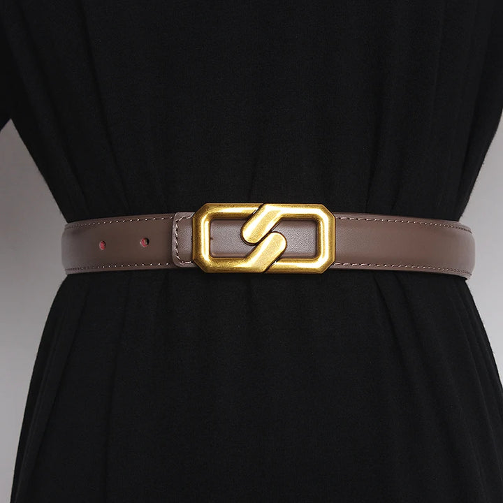 Dark brown genuine leather women’s belt with gold-tone buckle