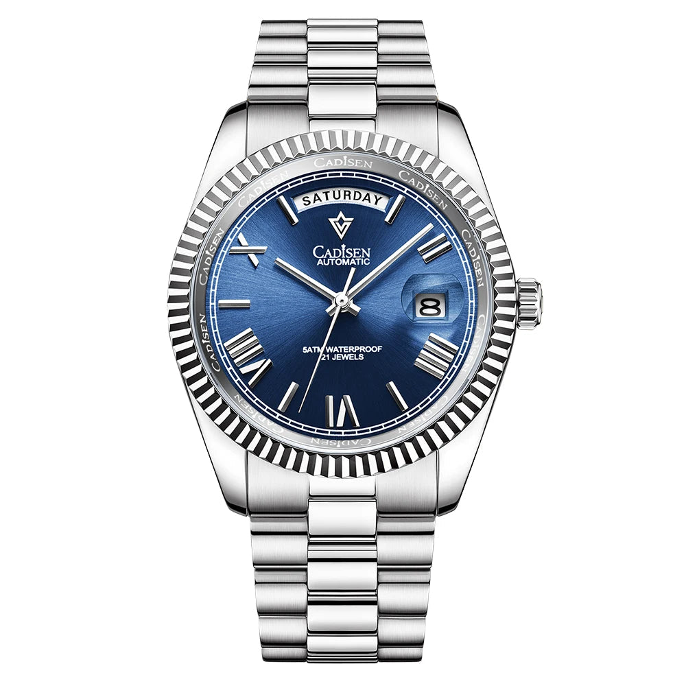 Silver-tone men’s automatic wrist watch with blue dial and metal link bracelet