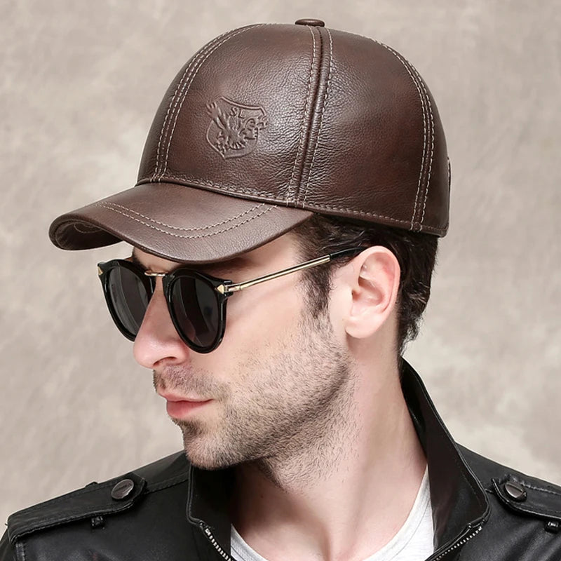 Genuine Leather Eagle Print Cap