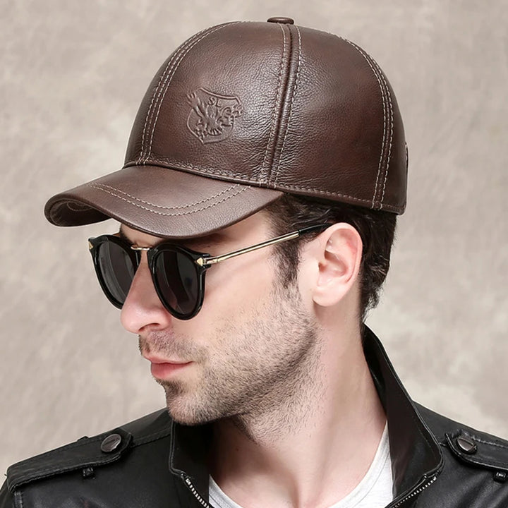 Genuine Leather Eagle Print Cap