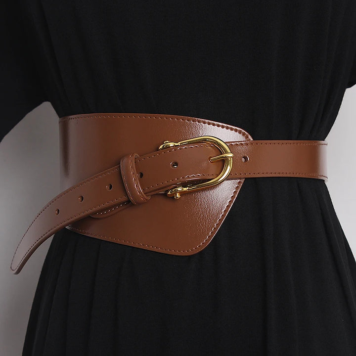 Camel brown leather wide waist belt with gold oval buckle and eyelet holes