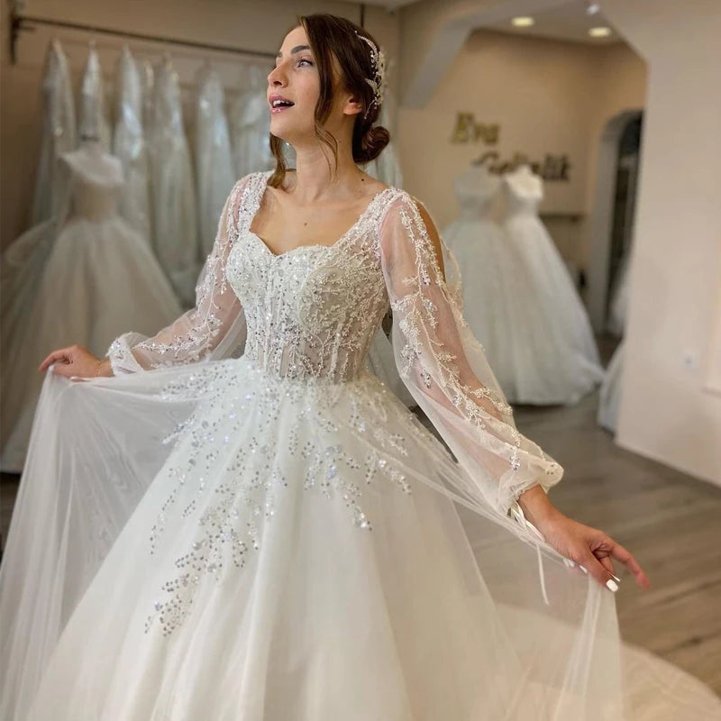 Puff Sleeve Tulle Wedding Gown