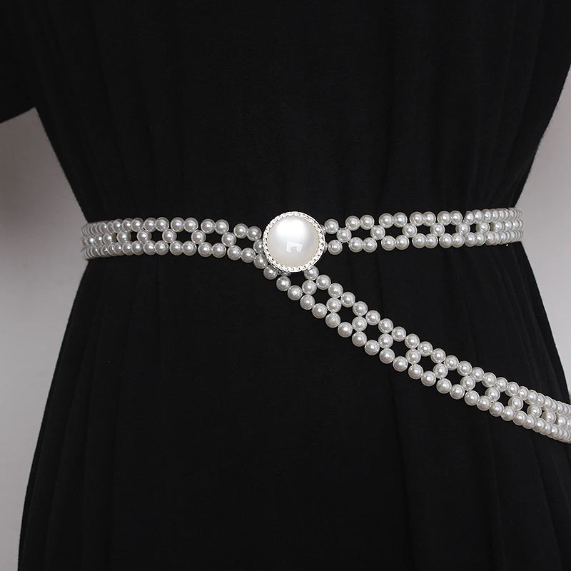 Pearl knitted waist belt with silver-tone round buckle and diagonal pearl drape