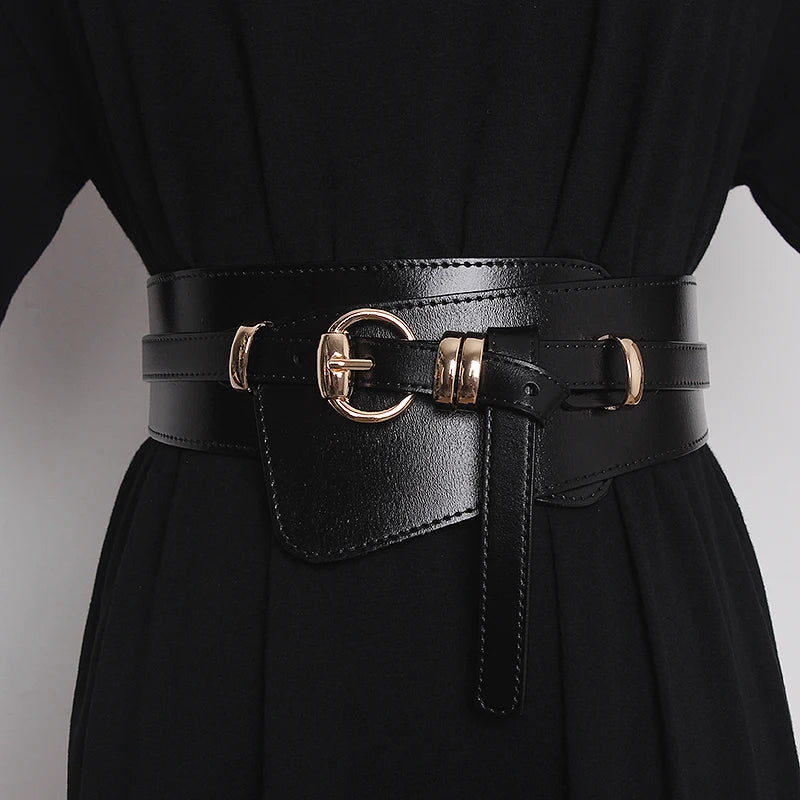 Black genuine leather corset belt with gold buckle, ring eyelets, and front strap tabs