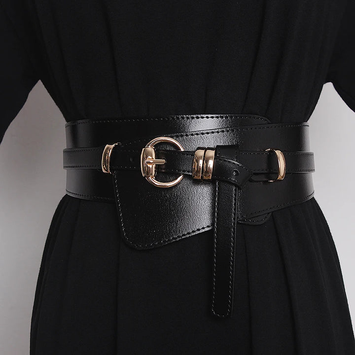 Black genuine leather corset belt with gold buckle, ring eyelets, and front strap tabs