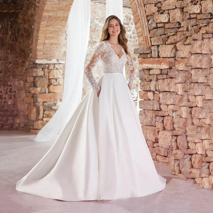 Ingenious Satin Long Bridal Dress With Pockets