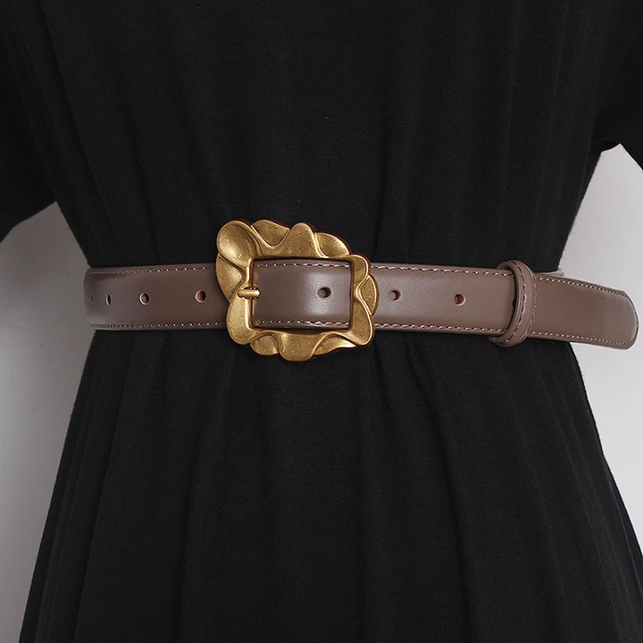 Taupe leather narrow waist belt with gold-tone floral square buckle and pin closure
