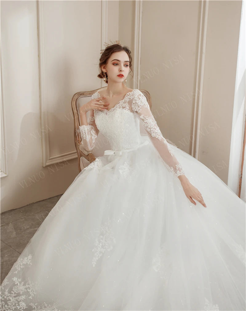 Lace Appliques Long Train Bridal Ball Gown