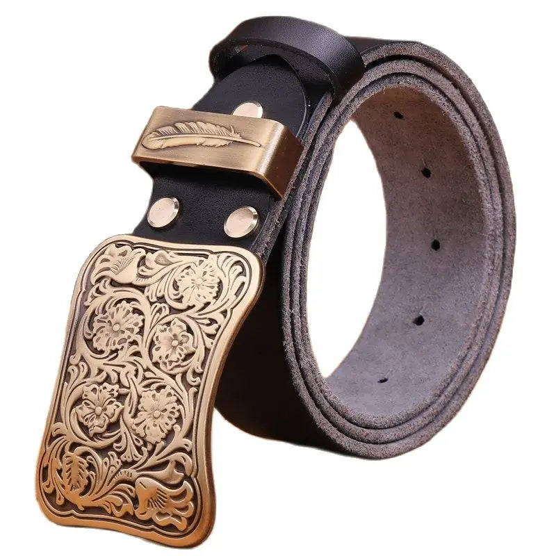Luxury Brass Flower Buckle Leather Belt