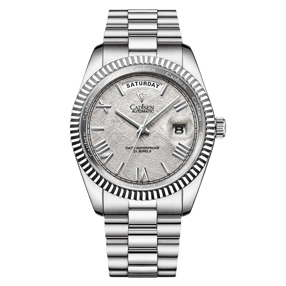 Silver-tone men’s automatic wrist watch with textured silver dial and metal link bracelet