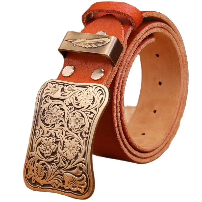 Luxury Brass Flower Buckle Leather Belt