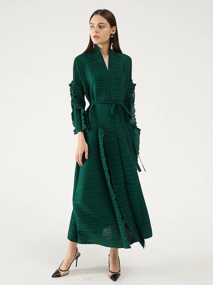 Pleated Sleeve Lapel Cardigan Dress