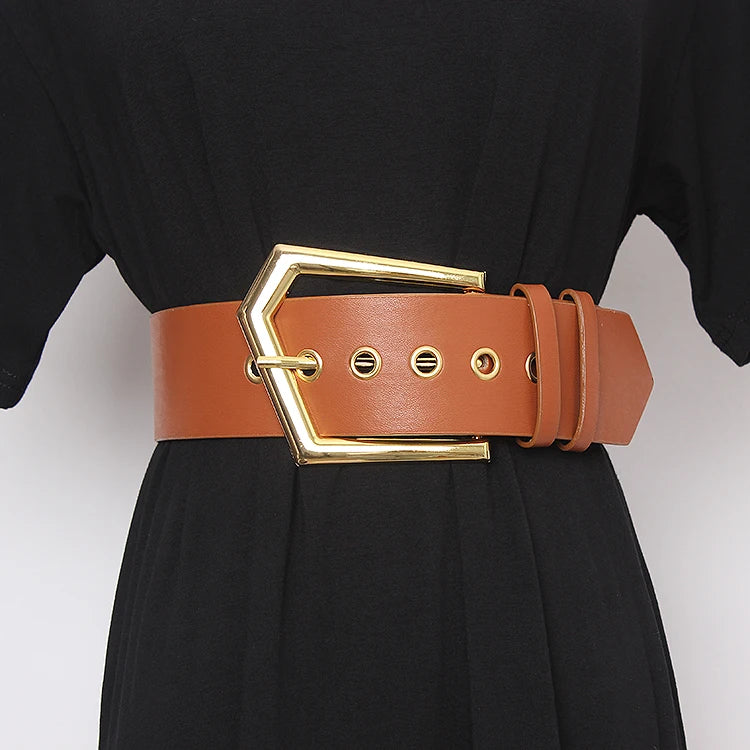 Tan/brown wide PU leather waist belt with gold-tone buckle and round grommet eyelets