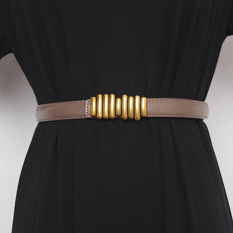 Women’s wide genuine leather belt, khaki beige leather strap with gold ribbed buckle