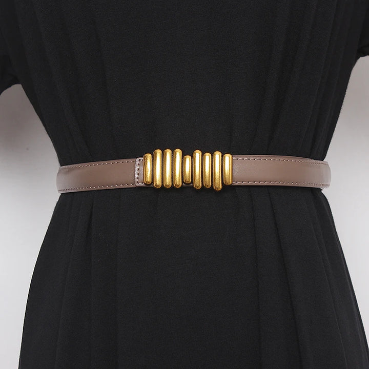 Women’s wide genuine leather belt, khaki beige leather strap with gold ribbed buckle