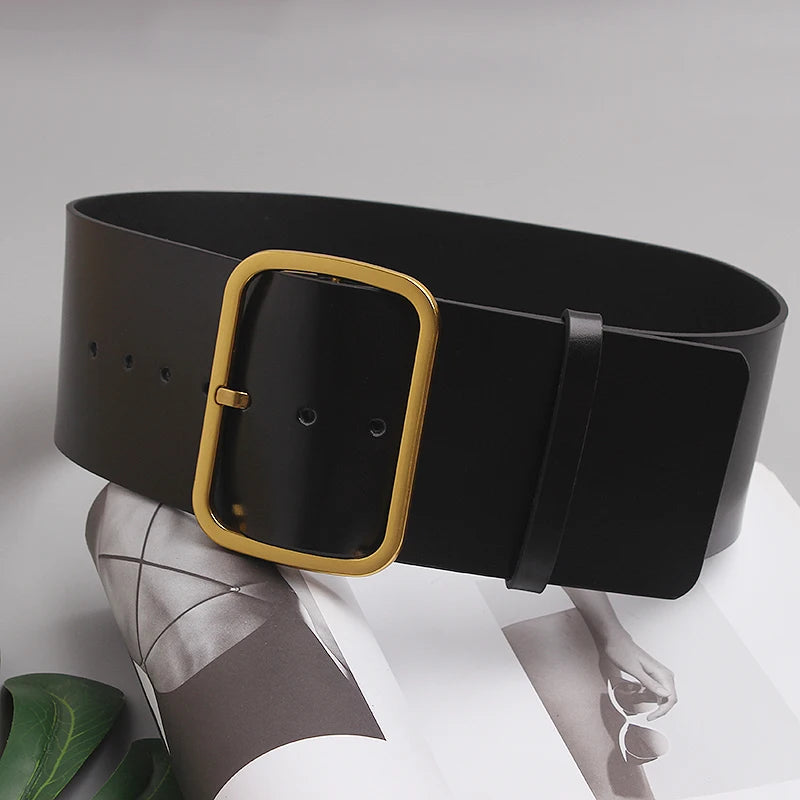 Black wide leather belt with gold square buckle and keeper strap